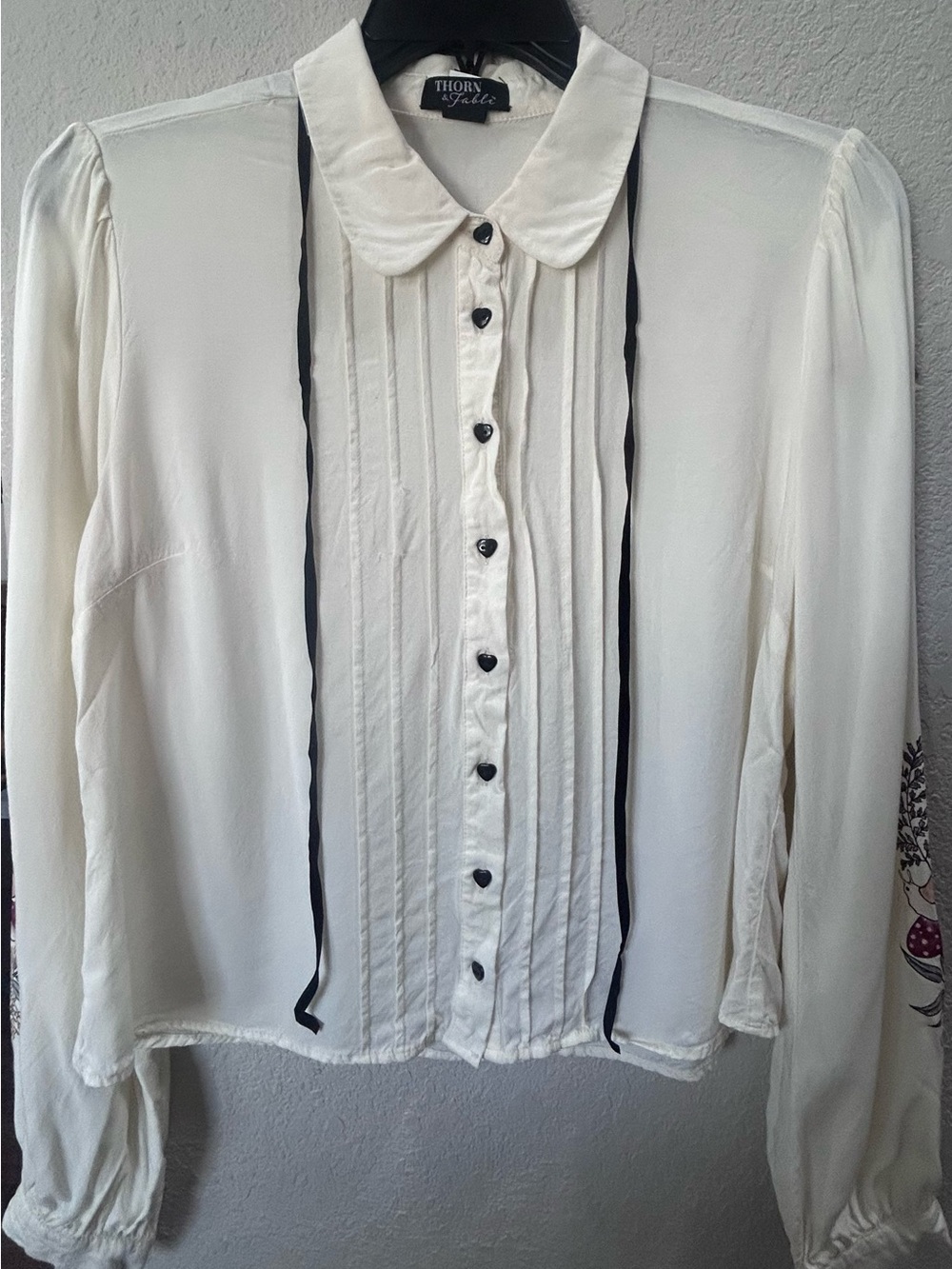thor Cream Button-Down Blouse with Black Ribbon Ties